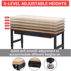 Table de travail de 152 cm pour garage, établi robuste de 900 kg avec panneau perforé et tiroirs, établi réglable en bois d'hévéa avec prises de courant