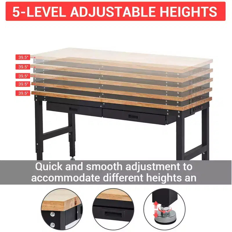Table de travail de 152 cm pour garage, établi robuste de 900 kg avec panneau perforé et tiroirs, établi réglable en bois d'hévéa avec prises de courant