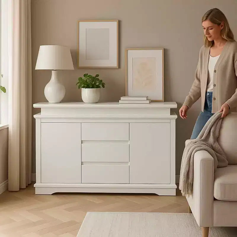 Table de chevet MAYEERTY blanche à 5 tiroirs, commode de style ferme avec port de chargement USB, table d'appoint moderne pour chambre à coucher
