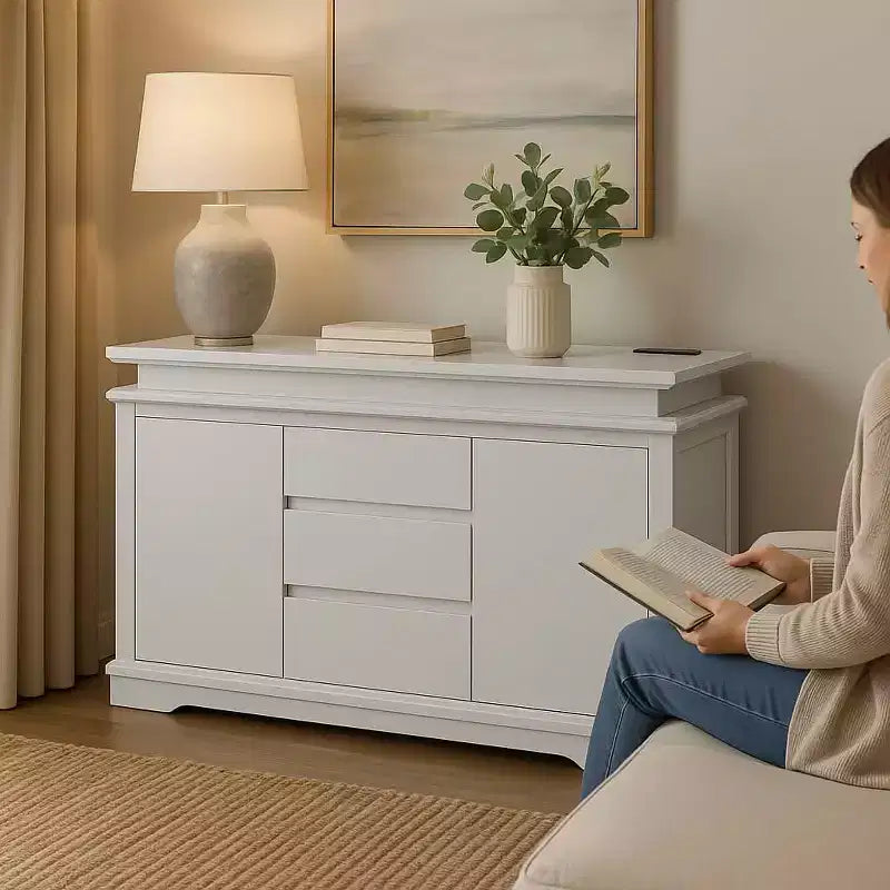 Table de chevet MAYEERTY blanche à 5 tiroirs, commode de style ferme avec port de chargement USB, table d'appoint moderne pour chambre à coucher