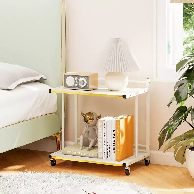 Table d'appoint mobile Costway, lot de 2, avec étagères ouvertes, bords dorés et roulettes verrouillables