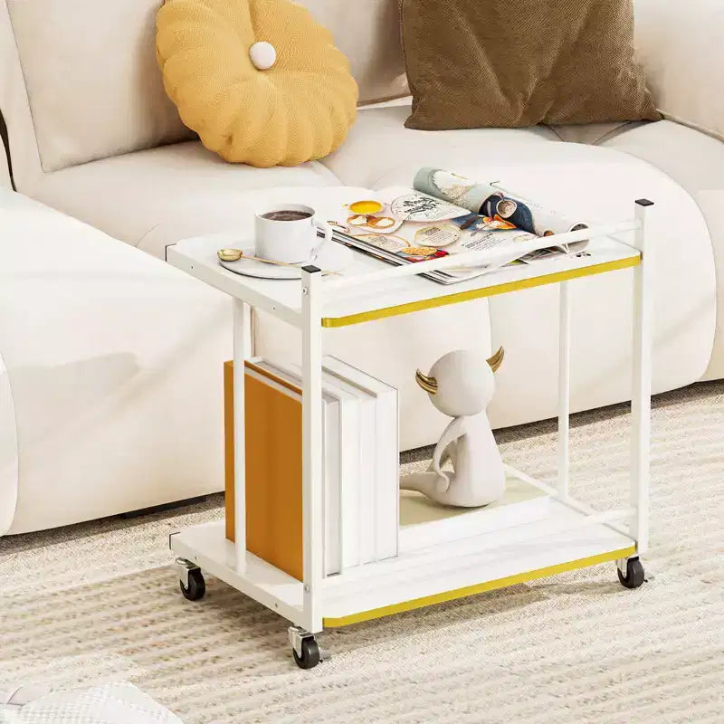 Table d'appoint mobile Costway, lot de 2, avec étagères ouvertes, bords dorés et roulettes verrouillables