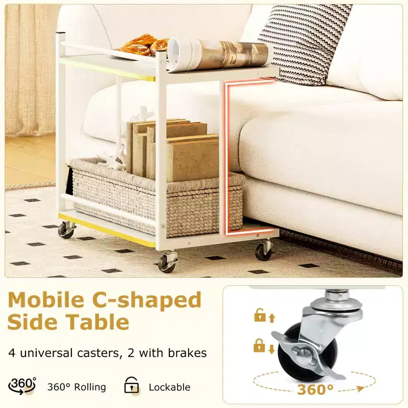Table d'appoint mobile Costway, lot de 2, avec étagères ouvertes, bords dorés et roulettes verrouillables