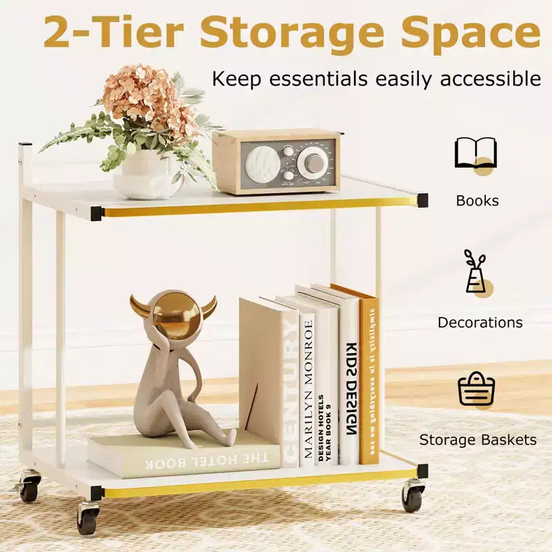 Table d'appoint mobile Costway, lot de 2, avec étagères ouvertes, bords dorés et roulettes verrouillables