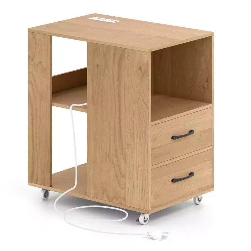 Costway Table d'appoint avec station de recharge intégrée, ports USB et prises, 2 tiroirs et 3 étagères, naturel