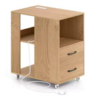 Costway Table d'appoint avec station de recharge intégrée, ports USB et prises, 2 tiroirs et 3 étagères, naturel