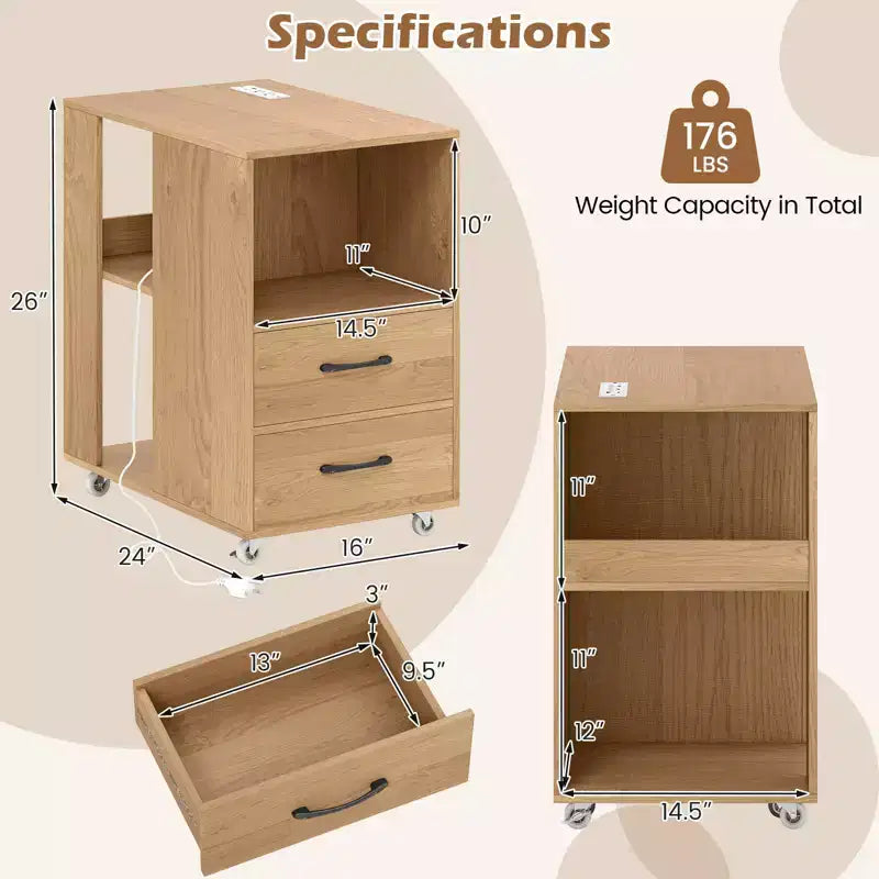 Costway Table d'appoint avec station de recharge intégrée, ports USB et prises, 2 tiroirs et 3 étagères, naturel