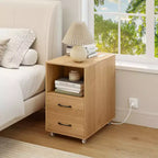 Costway Table d'appoint avec station de recharge intégrée, ports USB et prises, 2 tiroirs et 3 étagères, naturel