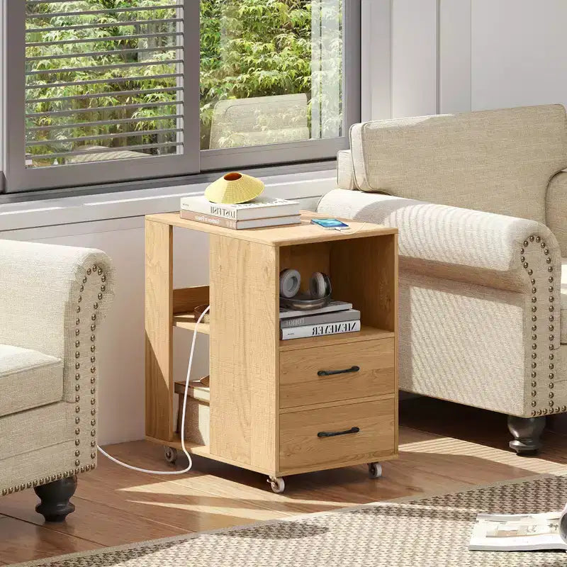 Costway Table d'appoint avec station de recharge intégrée, ports USB et prises, 2 tiroirs et 3 étagères, naturel