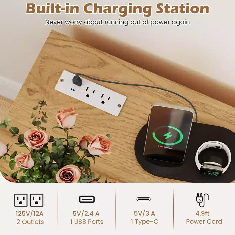 Costway Table d'appoint avec station de recharge intégrée, ports USB et prises, 2 tiroirs et 3 étagères, naturel