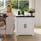 Table d'appoint de ferme - Table d'appoint de ferme blanche de 61 cm avec porte coulissante, en bois rustique, table d'appoint pour chambre à coucher et salon.