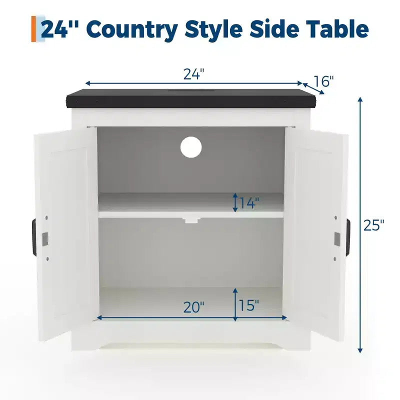 Table d'appoint de ferme - Table d'appoint de ferme blanche de 61 cm avec porte coulissante, en bois rustique, table d'appoint pour chambre à coucher et salon.