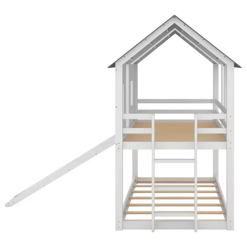 Lit superposé cabane jumeau sur jumeau avec toboggan, lits superposés maison au sol avec fenêtres et toit pour garçons et filles, blanc