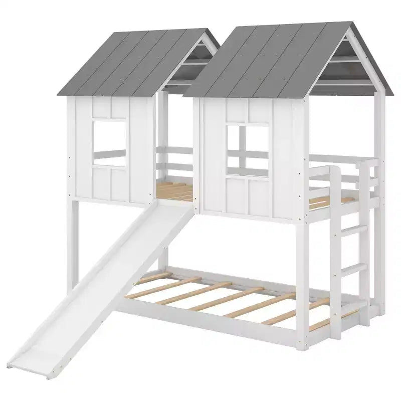 Lit superposé cabane jumeau sur jumeau avec toboggan, lits superposés maison au sol avec fenêtres et toit pour garçons et filles, blanc