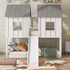 Lit superposé cabane jumeau sur jumeau avec toboggan, lits superposés maison au sol avec fenêtres et toit pour garçons et filles, blanc
