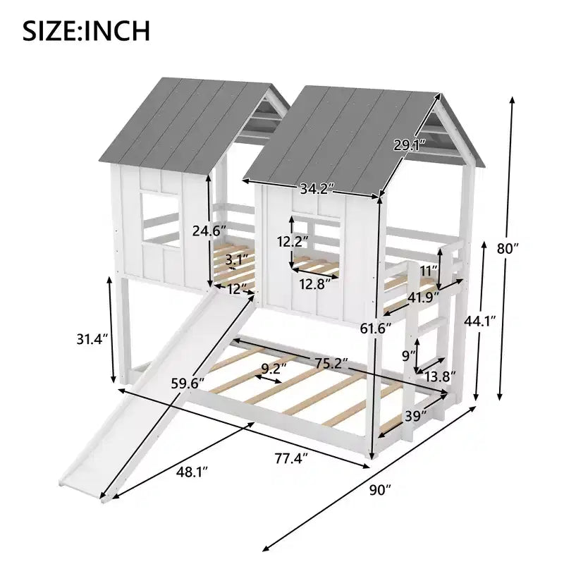 Lit superposé cabane jumeau sur jumeau avec toboggan, lits superposés maison au sol avec fenêtres et toit pour garçons et filles, blanc