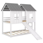 Lit superposé cabane jumeau sur jumeau avec toboggan, lits superposés maison au sol avec fenêtres et toit pour garçons et filles, blanc