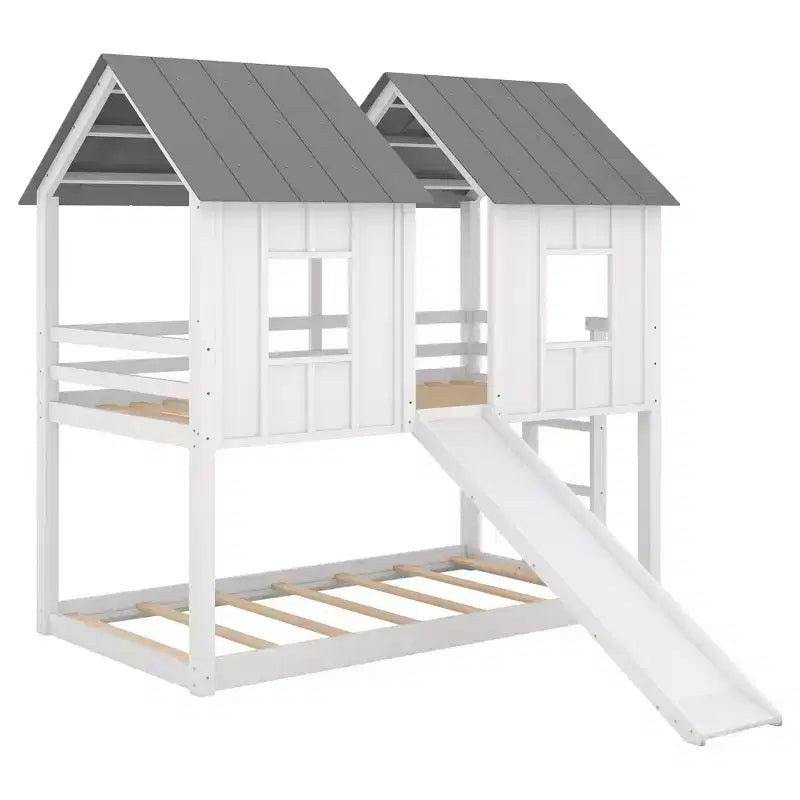 Lit superposé cabane jumeau sur jumeau avec toboggan, lits superposés maison au sol avec fenêtres et toit pour garçons et filles, blanc