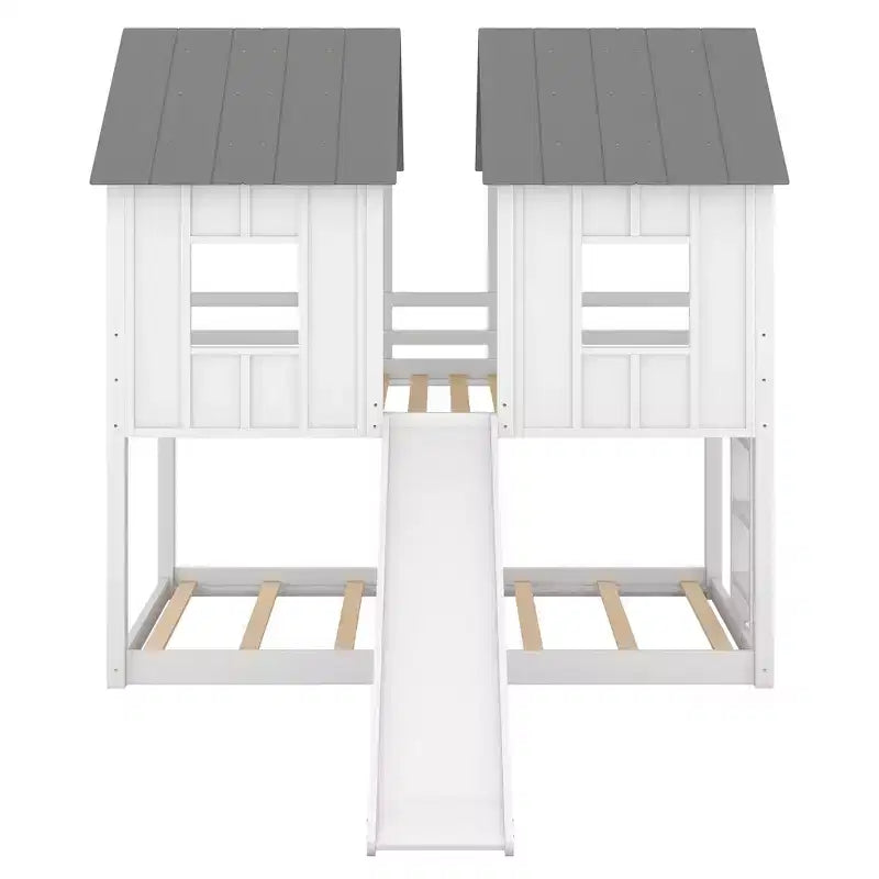 Lit superposé cabane jumeau sur jumeau avec toboggan, lits superposés maison au sol avec fenêtres et toit pour garçons et filles, blanc