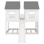 Lit superposé cabane jumeau sur jumeau avec toboggan, lits superposés maison au sol avec fenêtres et toit pour garçons et filles, blanc