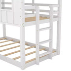 Lit superposé cabane jumeau sur jumeau avec toboggan, lits superposés maison au sol avec fenêtres et toit pour garçons et filles, blanc