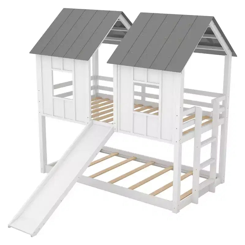 Lit superposé cabane jumeau sur jumeau avec toboggan, lits superposés maison au sol avec fenêtres et toit pour garçons et filles, blanc