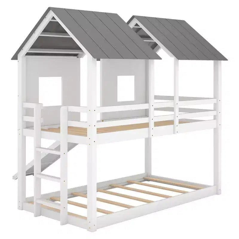 Lit superposé cabane jumeau sur jumeau avec toboggan, lits superposés maison au sol avec fenêtres et toit pour garçons et filles, blanc