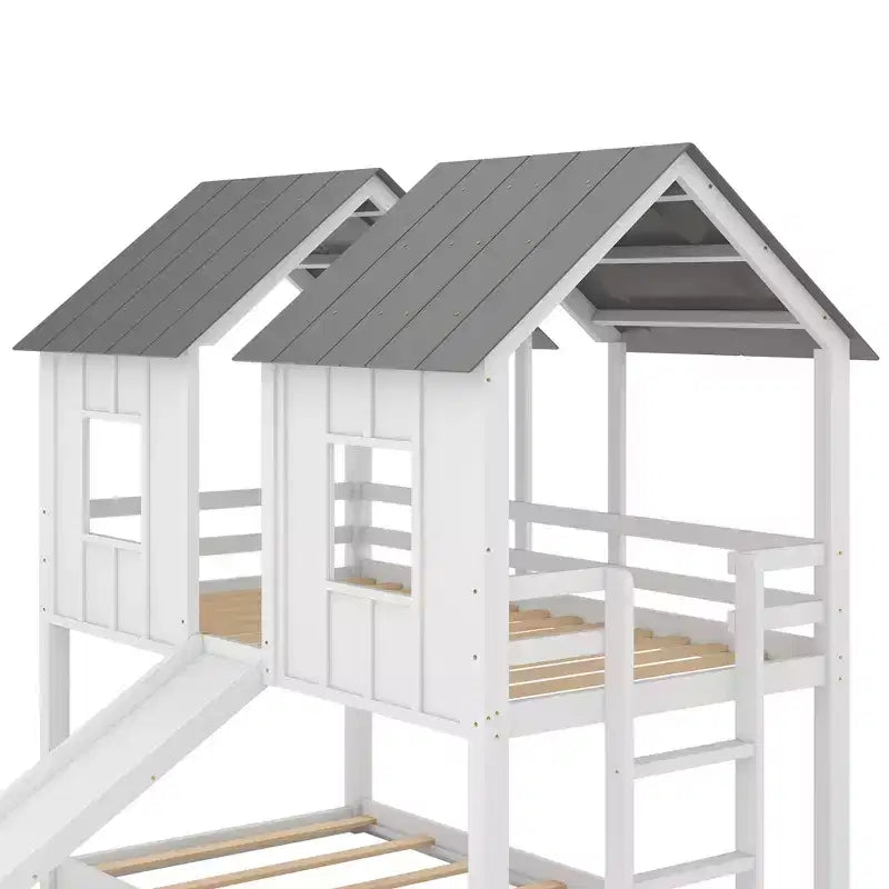 Lit superposé cabane jumeau sur jumeau avec toboggan, lits superposés maison au sol avec fenêtres et toit pour garçons et filles, blanc