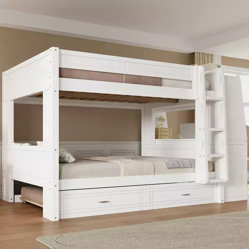 Lit superposé pleine grandeur avec bureau et rangement, lit superposé en bois peu encombrant avec étagères et lit gigogne.