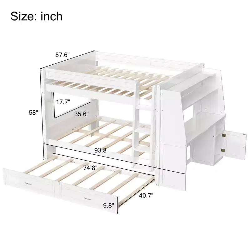 Lit superposé pleine grandeur avec bureau et rangement, lit superposé en bois peu encombrant avec étagères et lit gigogne.