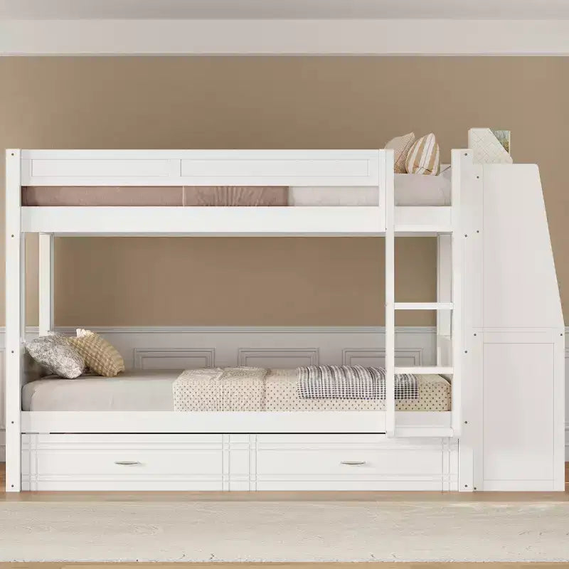Lit superposé pleine grandeur avec bureau et rangement, lit superposé en bois peu encombrant avec étagères et lit gigogne.