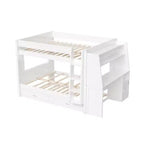 Lit superposé pleine grandeur avec bureau et rangement, lit superposé en bois peu encombrant avec étagères et lit gigogne.