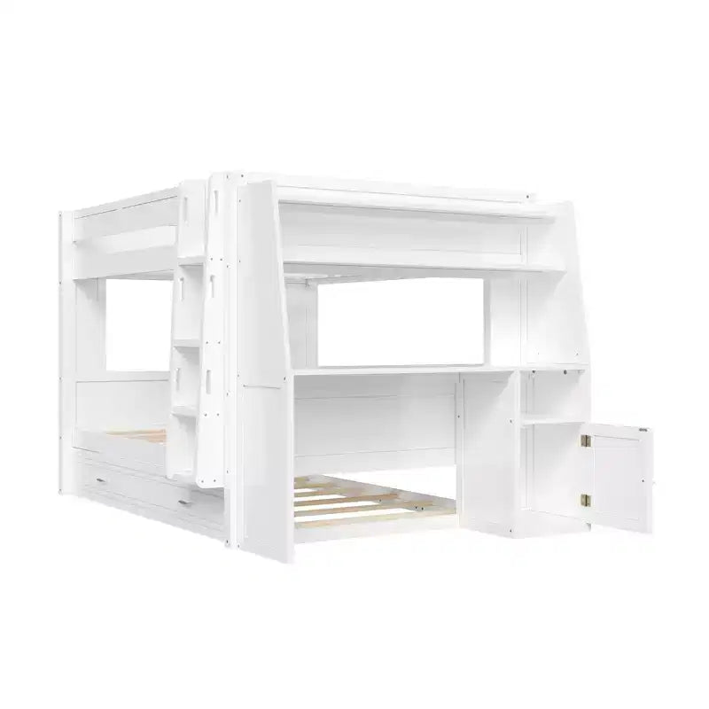 Lit superposé pleine grandeur avec bureau et rangement, lit superposé en bois peu encombrant avec étagères et lit gigogne.