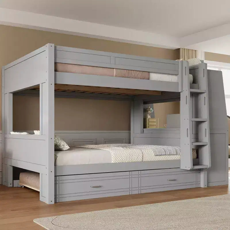 Lit superposé pleine grandeur avec bureau et rangement, lit superposé en bois peu encombrant avec étagères et lit gigogne.
