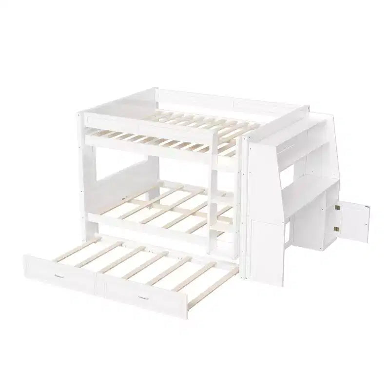 Lit superposé pleine grandeur avec bureau et rangement, lit superposé en bois peu encombrant avec étagères et lit gigogne.