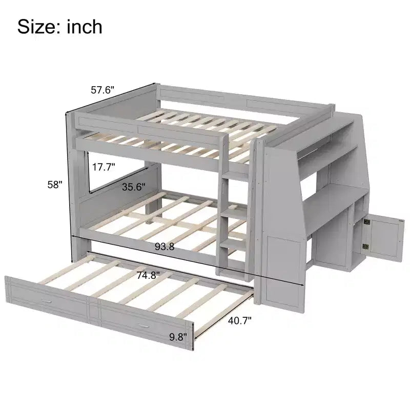 Lit superposé pleine grandeur avec bureau et rangement, lit superposé en bois peu encombrant avec étagères et lit gigogne.