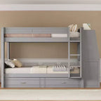 Lit superposé pleine grandeur avec bureau et rangement, lit superposé en bois peu encombrant avec étagères et lit gigogne.