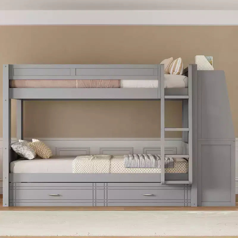 Lit superposé pleine grandeur avec bureau et rangement, lit superposé en bois peu encombrant avec étagères et lit gigogne.