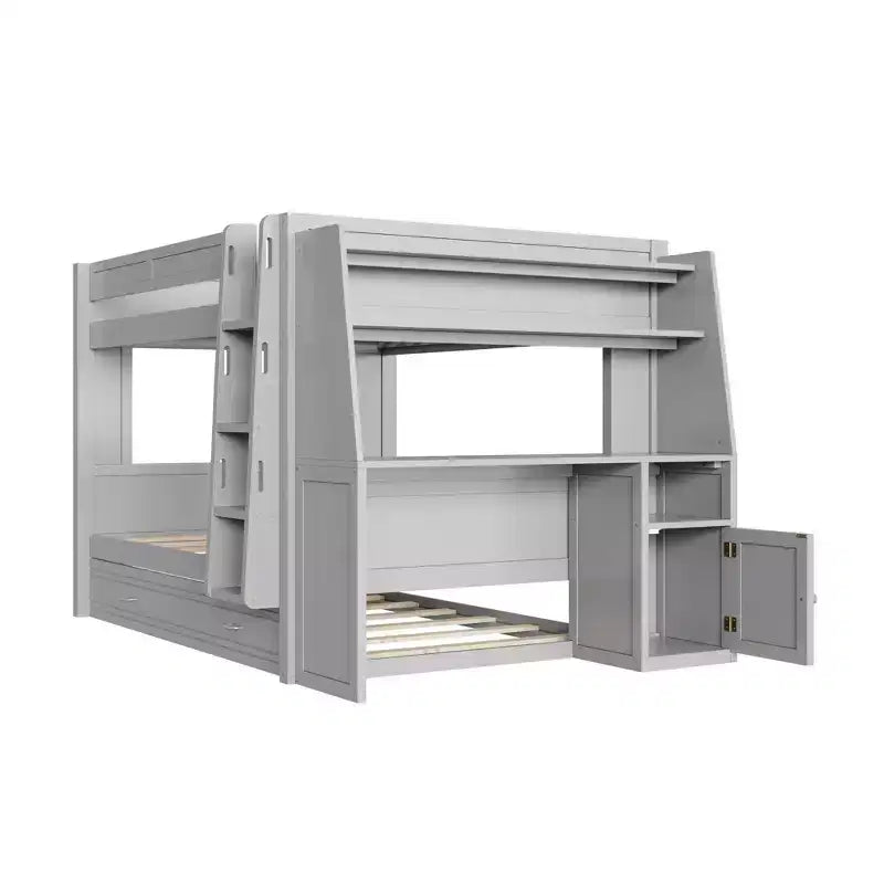 Lit superposé pleine grandeur avec bureau et rangement, lit superposé en bois peu encombrant avec étagères et lit gigogne.