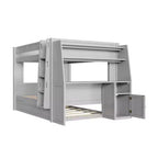 Lit superposé pleine grandeur avec bureau et rangement, lit superposé en bois peu encombrant avec étagères et lit gigogne.