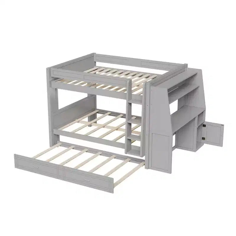 Lit superposé pleine grandeur avec bureau et rangement, lit superposé en bois peu encombrant avec étagères et lit gigogne.
