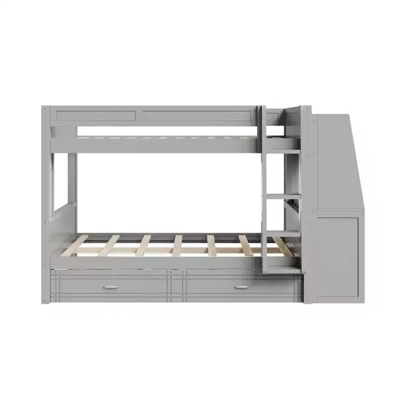 Lit superposé pleine grandeur avec bureau et rangement, lit superposé en bois peu encombrant avec étagères et lit gigogne.