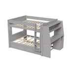 Lit superposé pleine grandeur avec bureau et rangement, lit superposé en bois peu encombrant avec étagères et lit gigogne.
