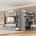 Full Size Bunk Bed with Desk and Storage, Space-Saving Wooden Bunk Bed with Bookshelves & Trundle