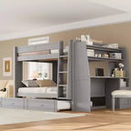 Full Size Bunk Bed with Desk and Storage, Space-Saving Wooden Bunk Bed with Bookshelves & Trundle