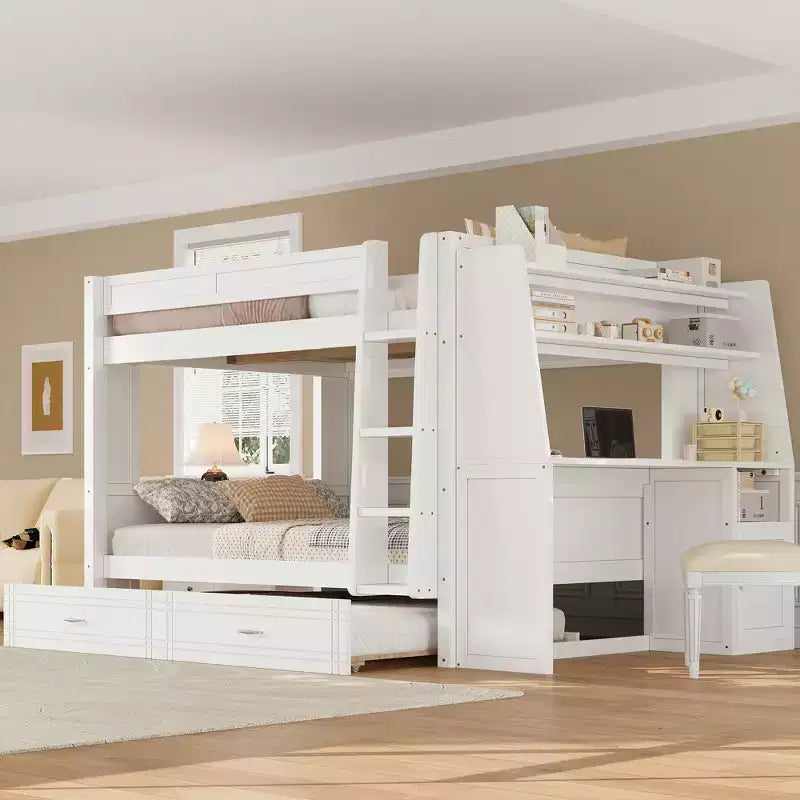 Lit superposé pleine grandeur avec bureau et rangement, lit superposé en bois peu encombrant avec étagères et lit gigogne.