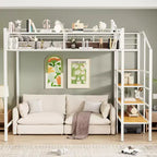 Lit mezzanine en métal pour lits jumeaux avec étagère de rangement supérieure en treillis, cadre de lit en métal robuste avec escalier de rangement pour chambre à coucher ou appartement