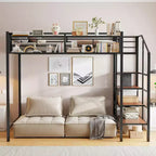 Lit mezzanine en métal pour lits jumeaux avec étagère de rangement supérieure en treillis, cadre de lit en métal robuste avec escalier de rangement pour chambre à coucher ou appartement