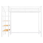 Lit mezzanine en métal pour lits jumeaux avec étagère de rangement supérieure en treillis, cadre de lit en métal robuste avec escalier de rangement pour chambre à coucher ou appartement