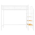 Lit mezzanine en métal pour lits jumeaux avec étagère de rangement supérieure en treillis, cadre de lit en métal robuste avec escalier de rangement pour chambre à coucher ou appartement